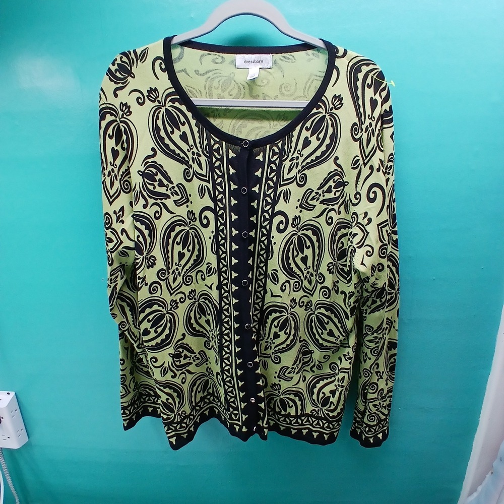 Dressbarn Paisley‎ Cardigan 18/20 Lime Green Black Damask Print Boho Knit Top